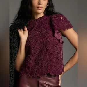 Anthropologie Plum Lace Short-Sleeve Blouse
